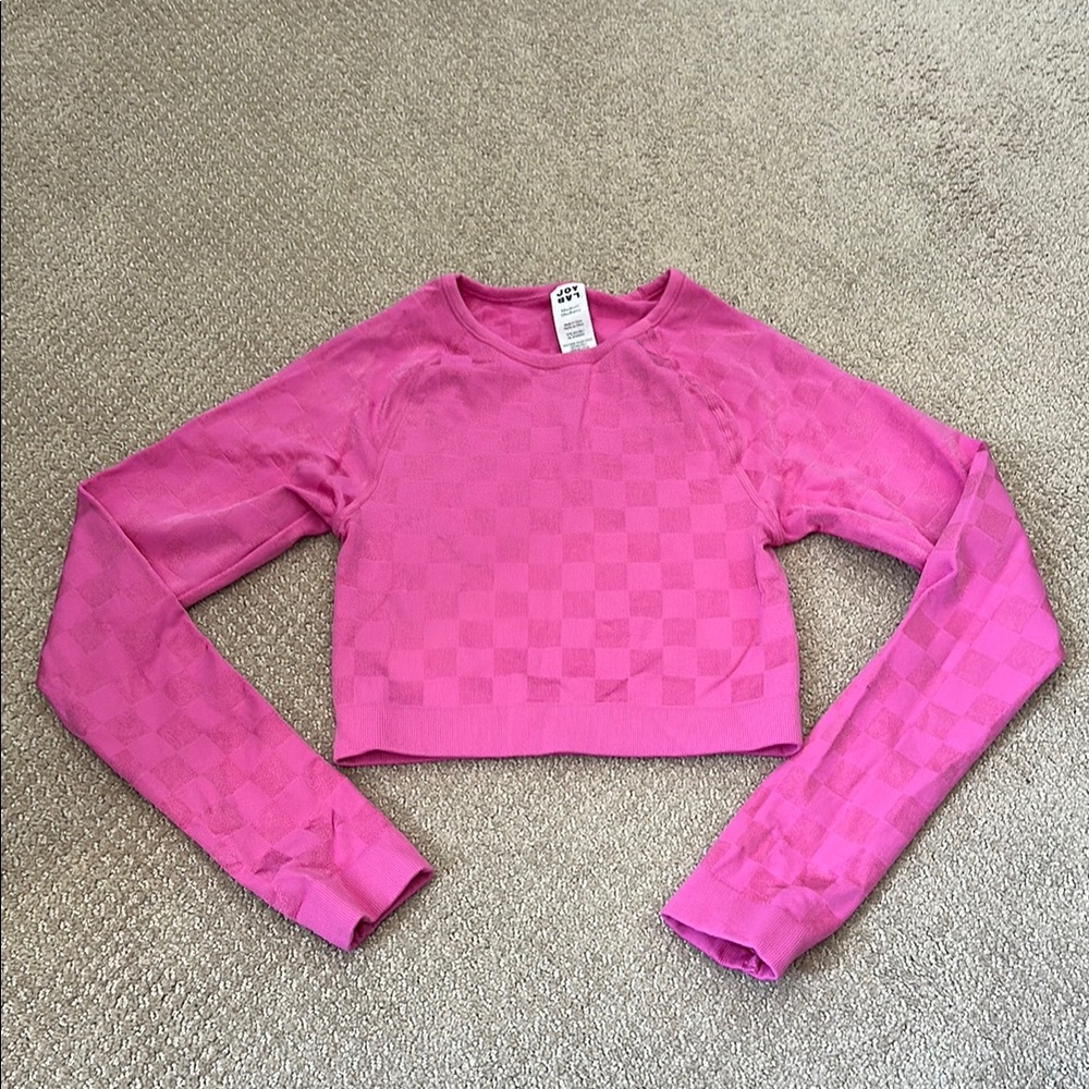 JOY LAB Pink Checker Cropped Long Sleeve Workout Top Thumbholes
